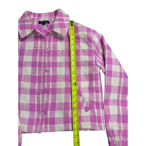 Charlie B Women’s P/S Pink Plaid Cropped Jacket Coat Button Front Preppy Shacket - Picture 2 of 7